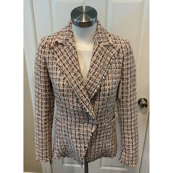 Elie Tahari White, Red, Gold & Black Tweed Blazer w/ Fringe Trim, Size 0 - Picture 1 of 7